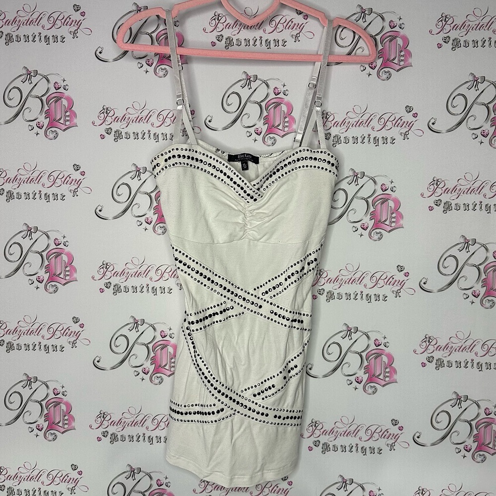 BLACKARV tank top White tank studded Accents shiny tattoo writing on back